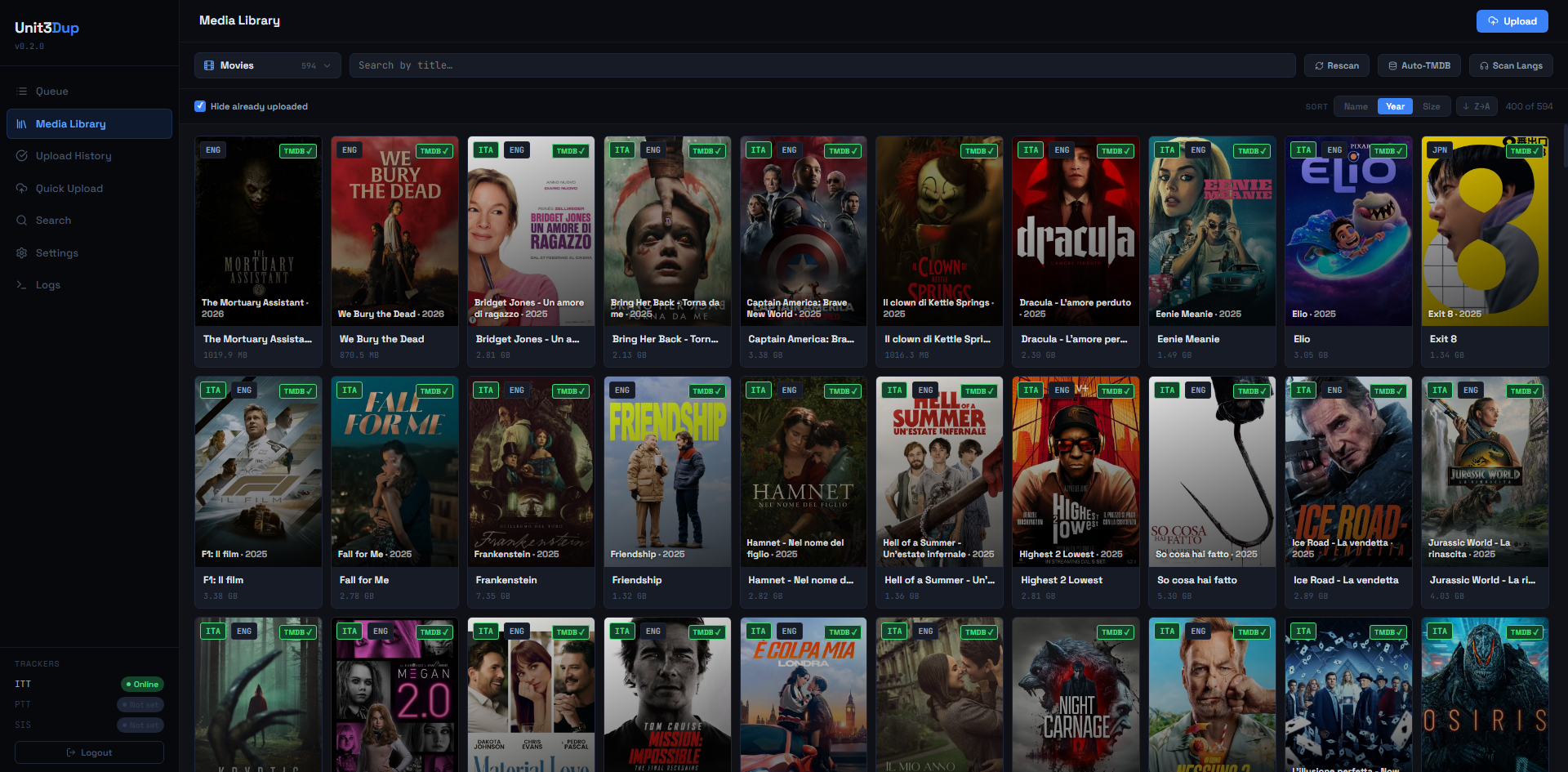 Media Library con poster TMDB, badge lingue audio e panel dettaglio