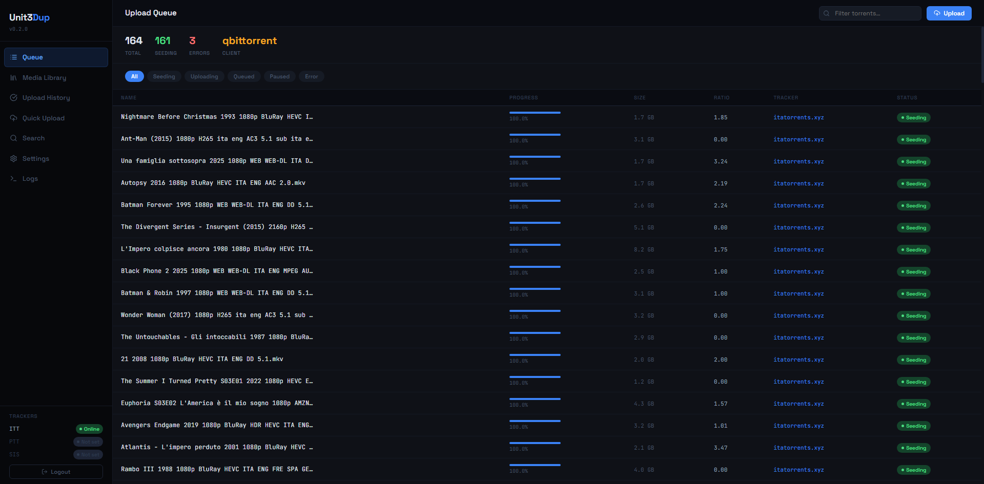 Upload Queue — coda qBittorrent con progress bar e stato seeding