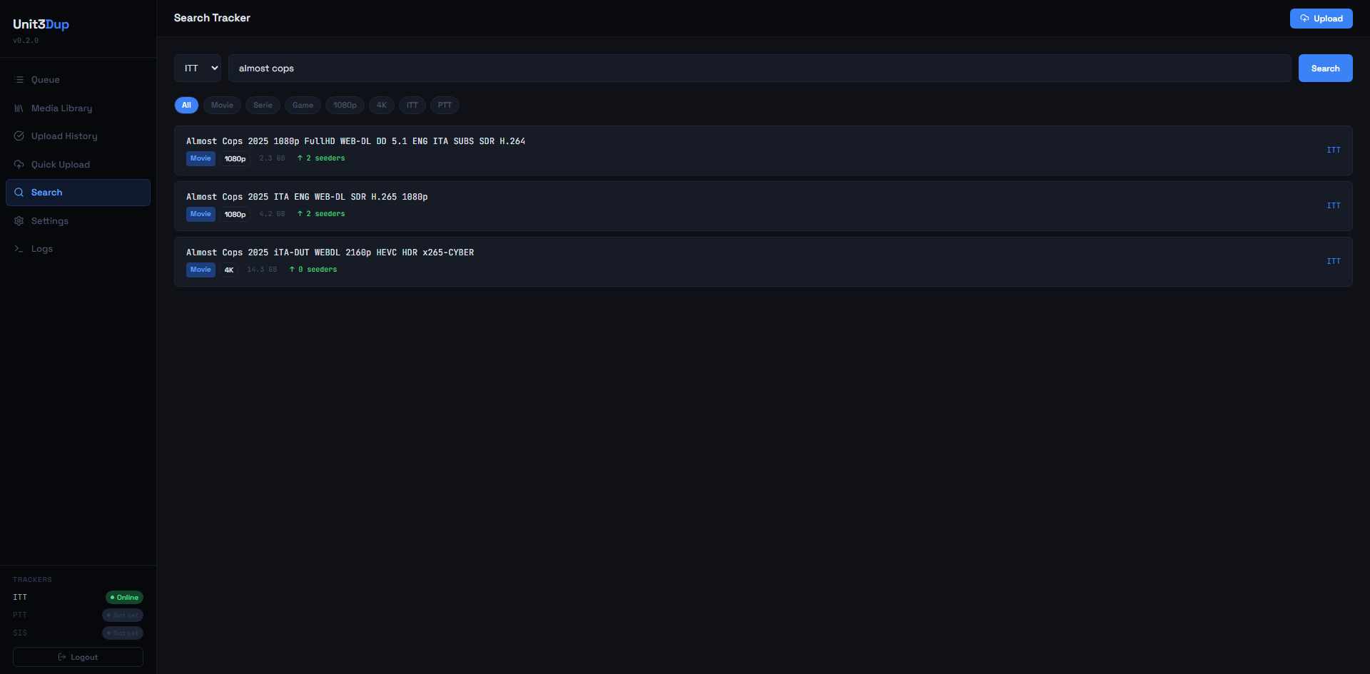 Search Tracker — risultati ITT con tag tipo/risoluzione e conteggio seeders