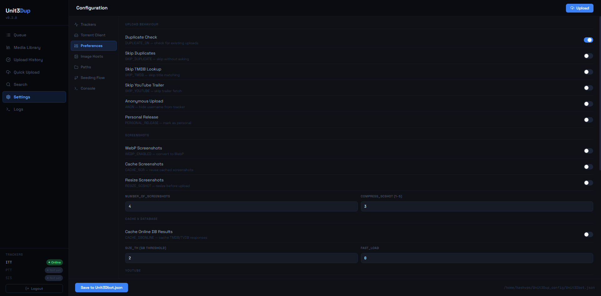 Settings — pannello Preferenze con toggle comportamento upload e screenshot