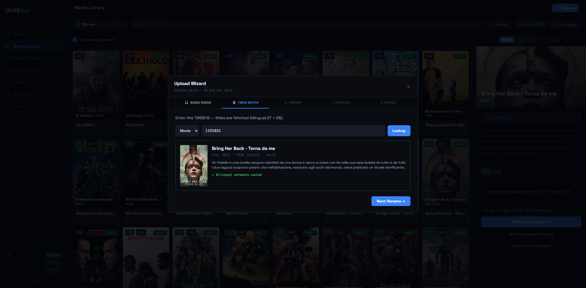 Upload Wizard — step TMDB con preview titolo e metadati